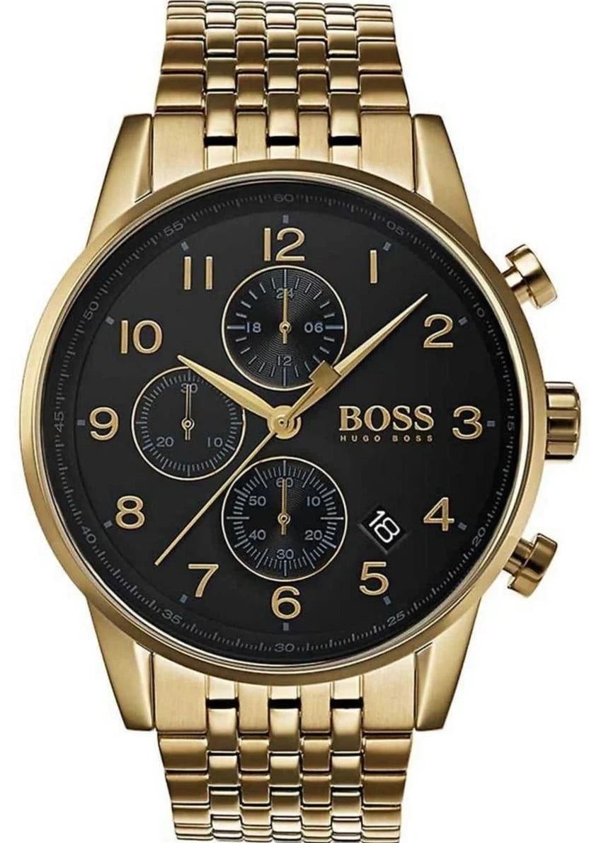Hugo Boss Navigator Chronograph Black Dial Gold Steel Strap Watch - 1513531