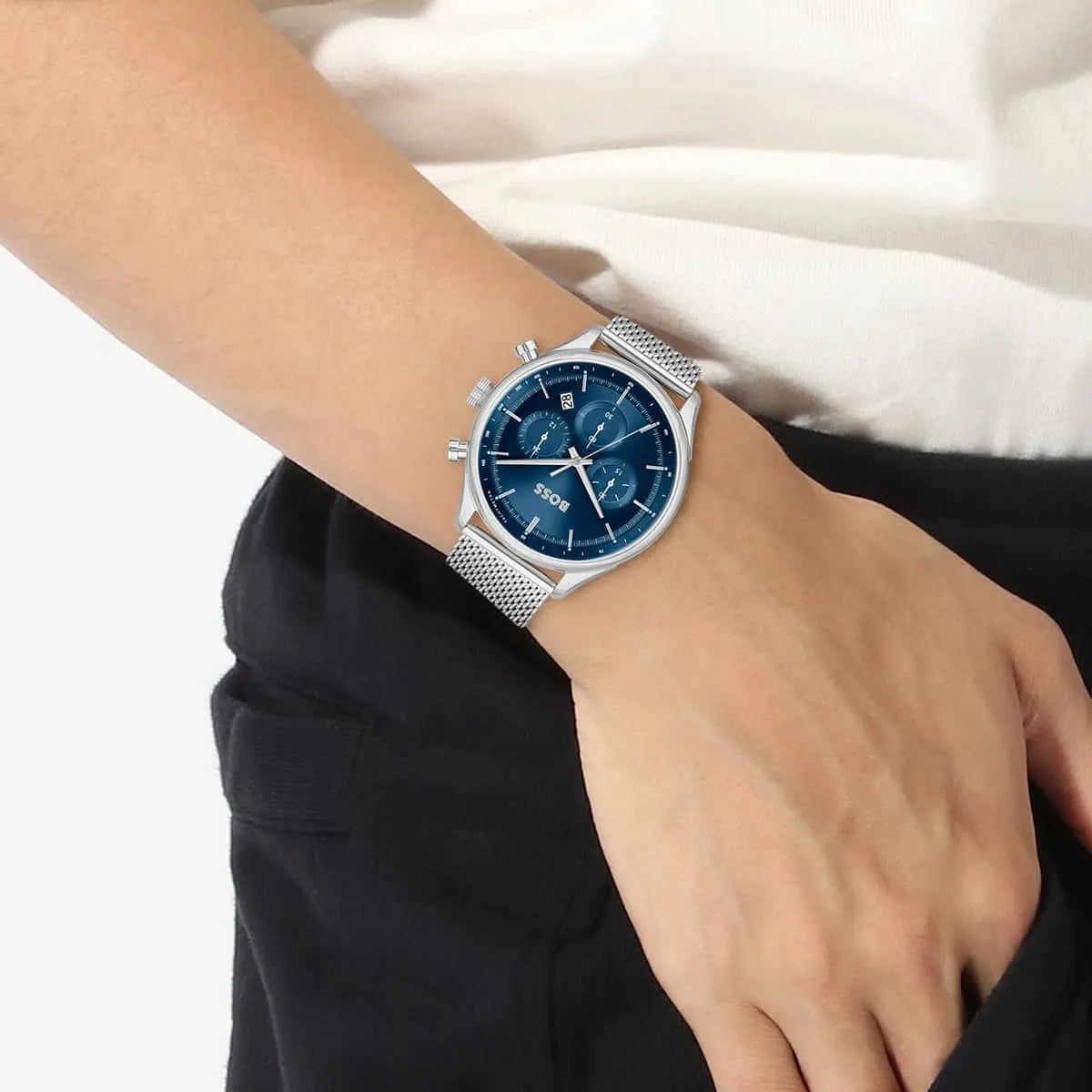 Hugo Boss Gregor Chronograph Blue Dial Silver Mesh Bracelet Watch For Men - 1514052