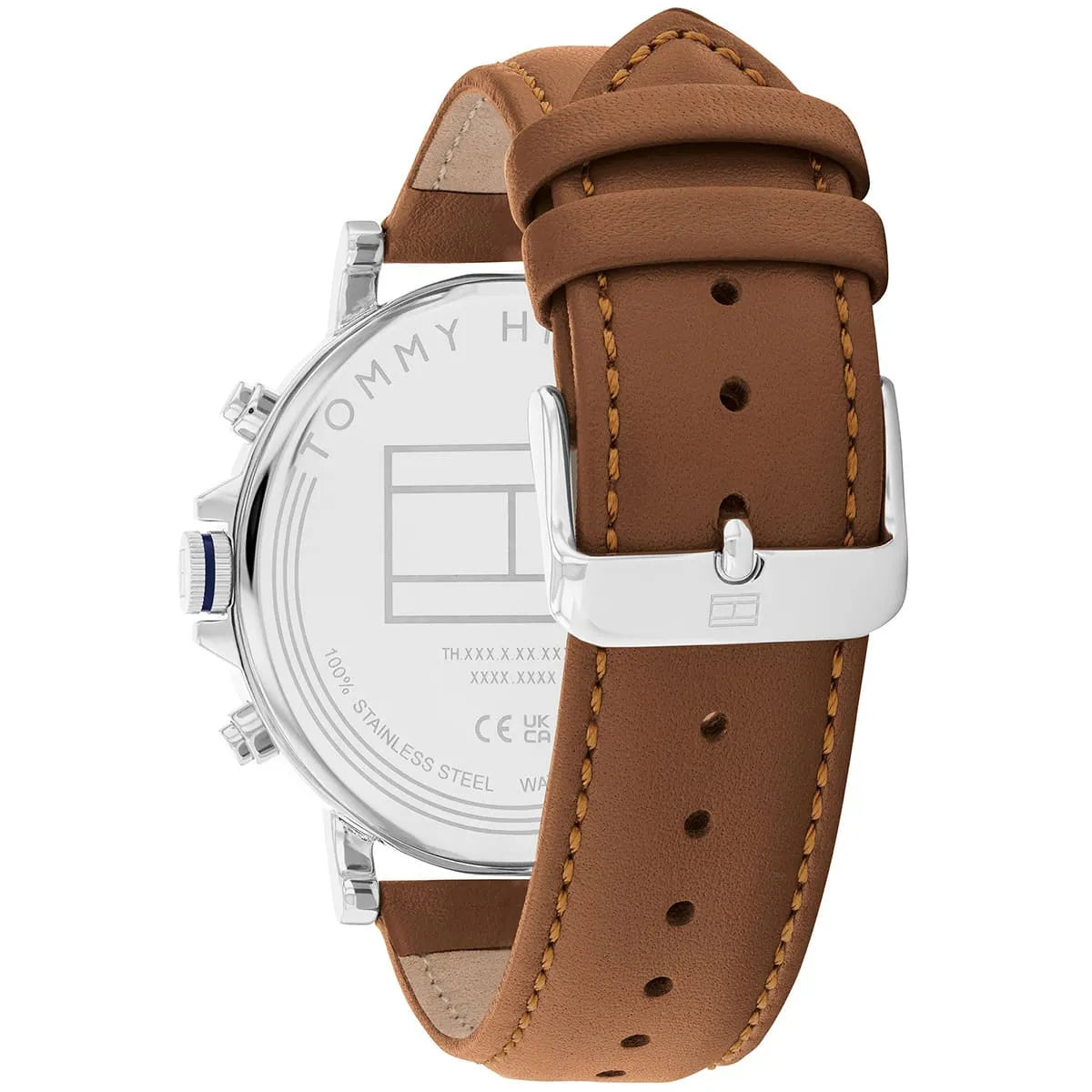 Side profile of Tommy Hilfiger Tyson watch displaying brown leather strap with stitching and chronograph pushers