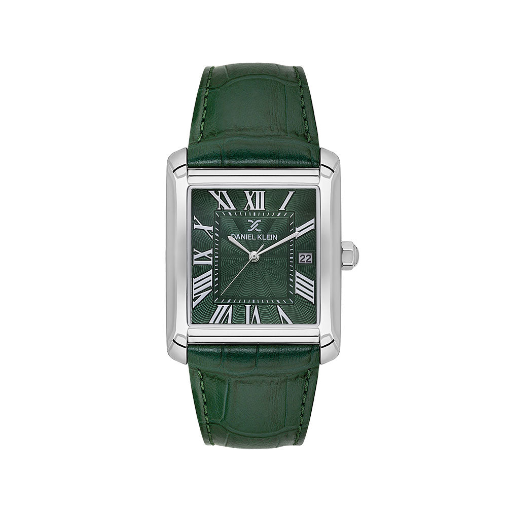 Daniel Klein Classic Green Dial and Genuine Leather Strap Silver Watch - DK.1.13909-3