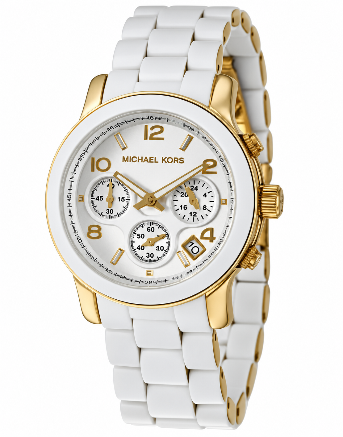 Michael Kors women's analog watch with a white ceramic link bracelet, gold-tone case, and white dial with gold accents.