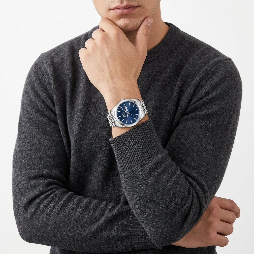 Slazenger Classic Day Date Window Blue Dial Silver Watch - SL.9.2579.1.390