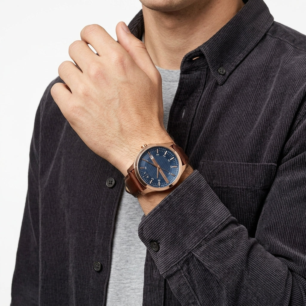A man wearing a brown leather strap watch with a rose gold case and a blue dial, styled with a dark corduroy shirt over a gray t-shirt.