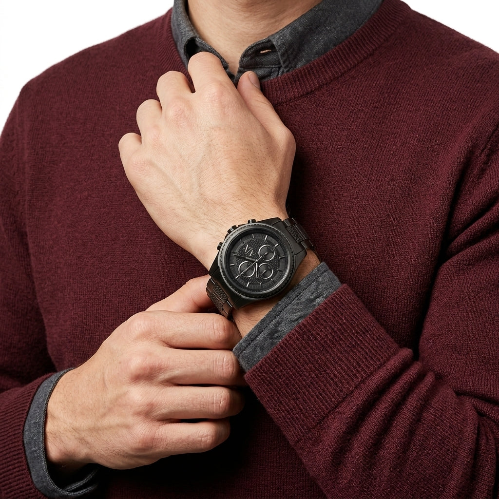 A close-up of a man wearing a black multi-dial wristwatch with a dark strap, dressed in a maroon knit sweater over a dark gray collared shirt.