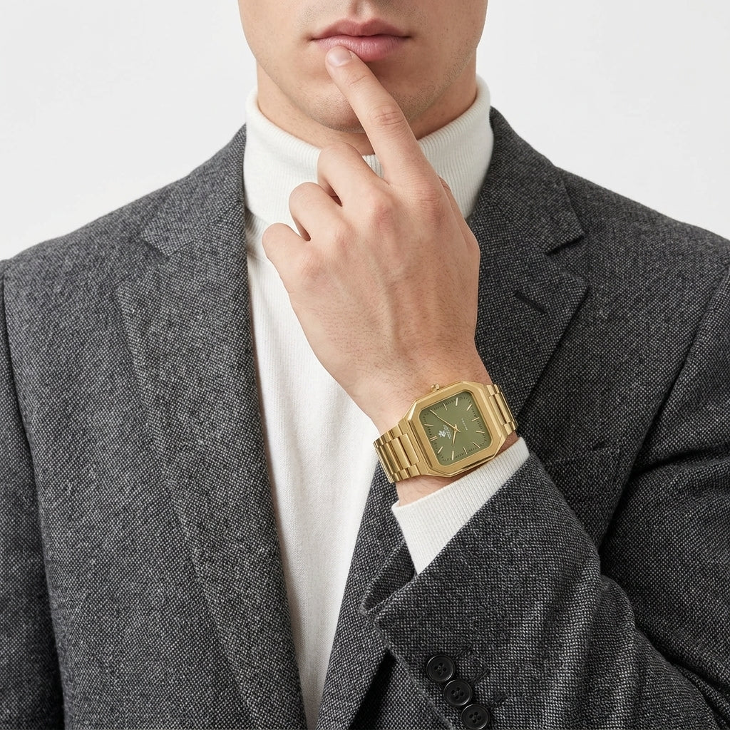 A man wearing a gold-tone rectangular watch with a green dial and matching green bracelet, styled with a white turtleneck and gray blazer.