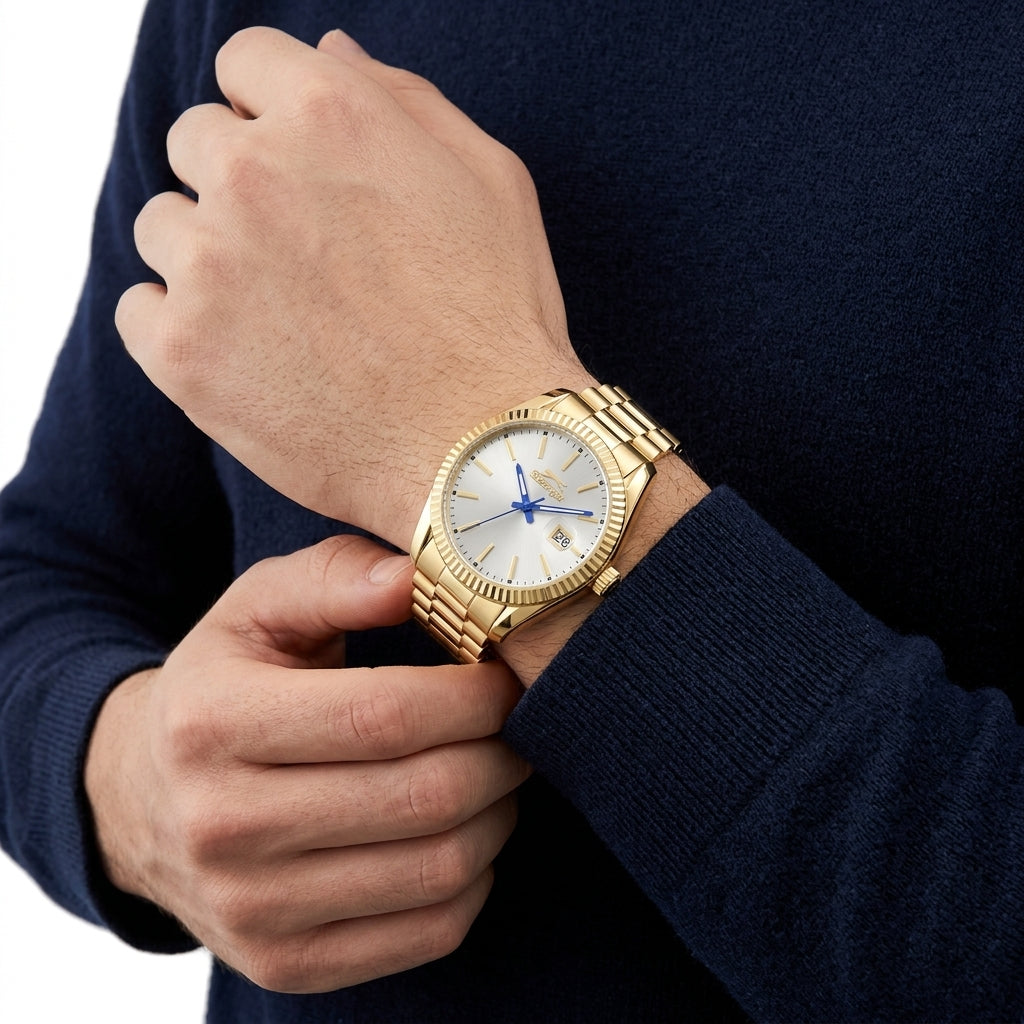 Slazenger Classic Day Date Window Sunray Silver Dial Gold Watch - SL.09.2583.1.130