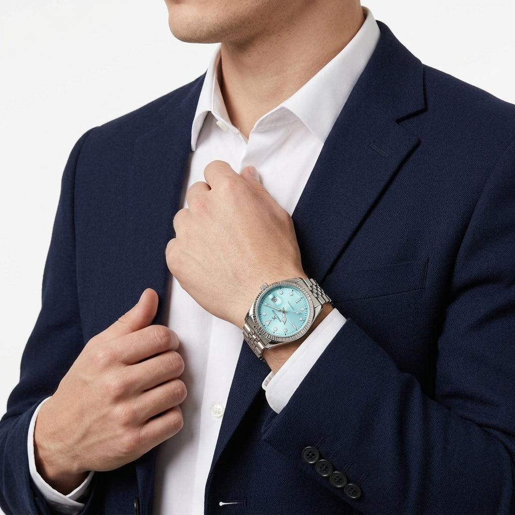 A silver-toned men's watch with a light blue dial and a diamond-encrusted bezel, shown on a model's wrist wearing a navy blazer and white dress shirt.