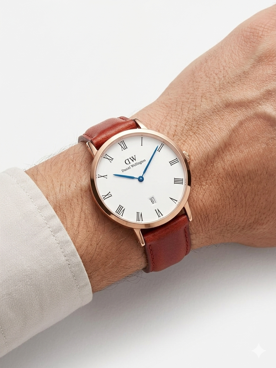 Daniel Wellington Dapper 38mm White Dial Brown Genuine Leather Gold Date Watch - DW00100086