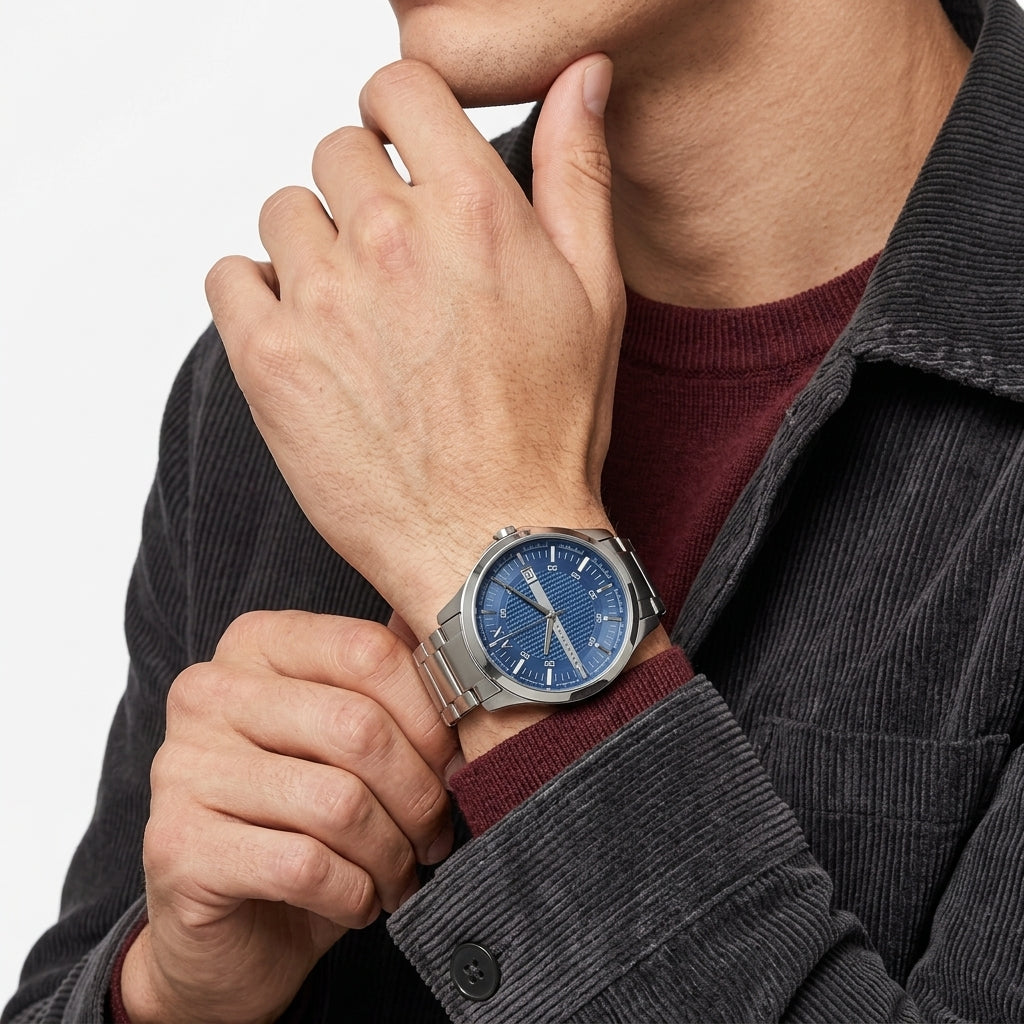 A close-up of a man wearing a silver-toned metal watch with a blue dial and white hour markers, styled over a burgundy sweater and dark gray corduroy jacket.