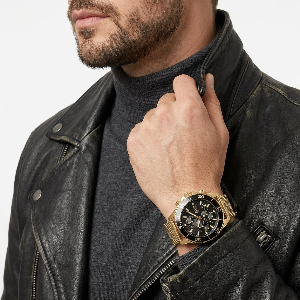 A close-up of a man wearing a gold-tone mesh watch with a black dial and bezel, styled with a black leather jacket and dark gray turtleneck sweater against a clean white background.