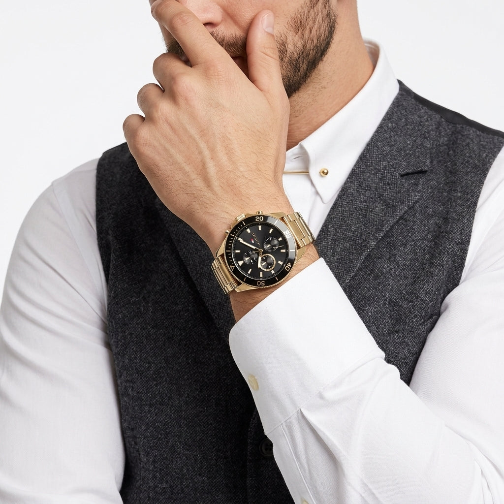 A man wearing a gold-tone metal link watch with a black dial and bezel, styled with a white dress shirt and a dark gray wool vest against a clean white background.