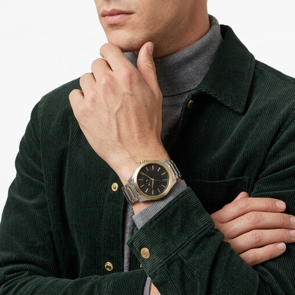A man wearing a dark green corduroy overshirt over a gray turtleneck, showcasing a silver-toned metal wristwatch with a black dial on his left wrist.
