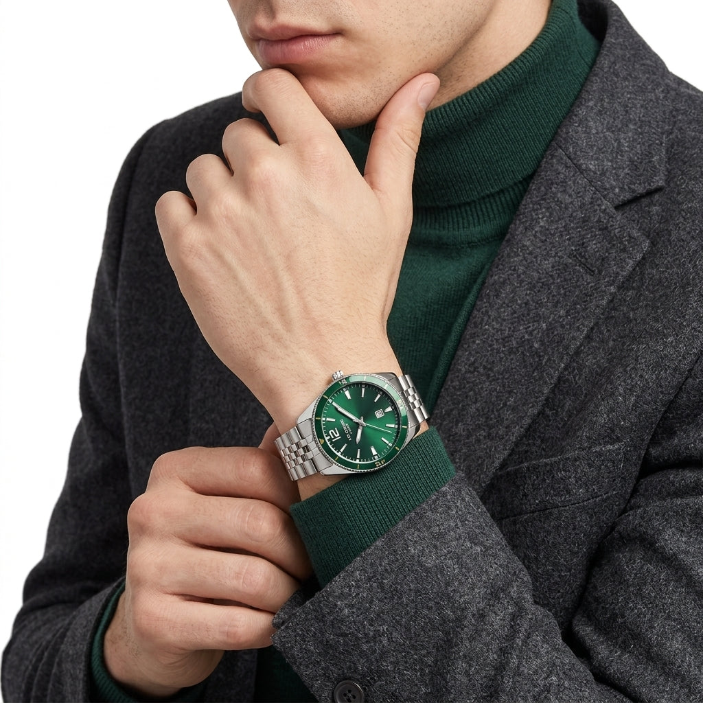 Lee Cooper Oswin Date Window Green Dial Silver Watch - LC08281.370