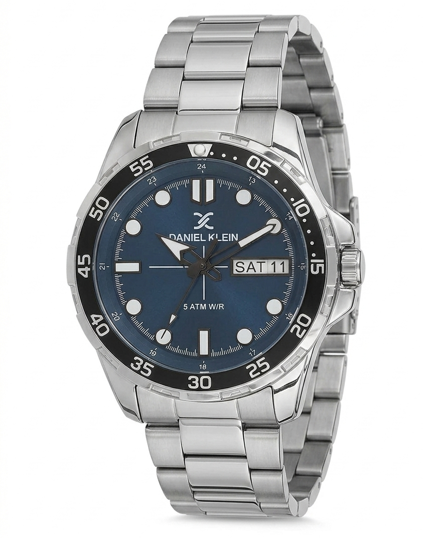 Daniel Klein Premium Day Date Window Blue Dial Silver Watch - DK.1.13884-5