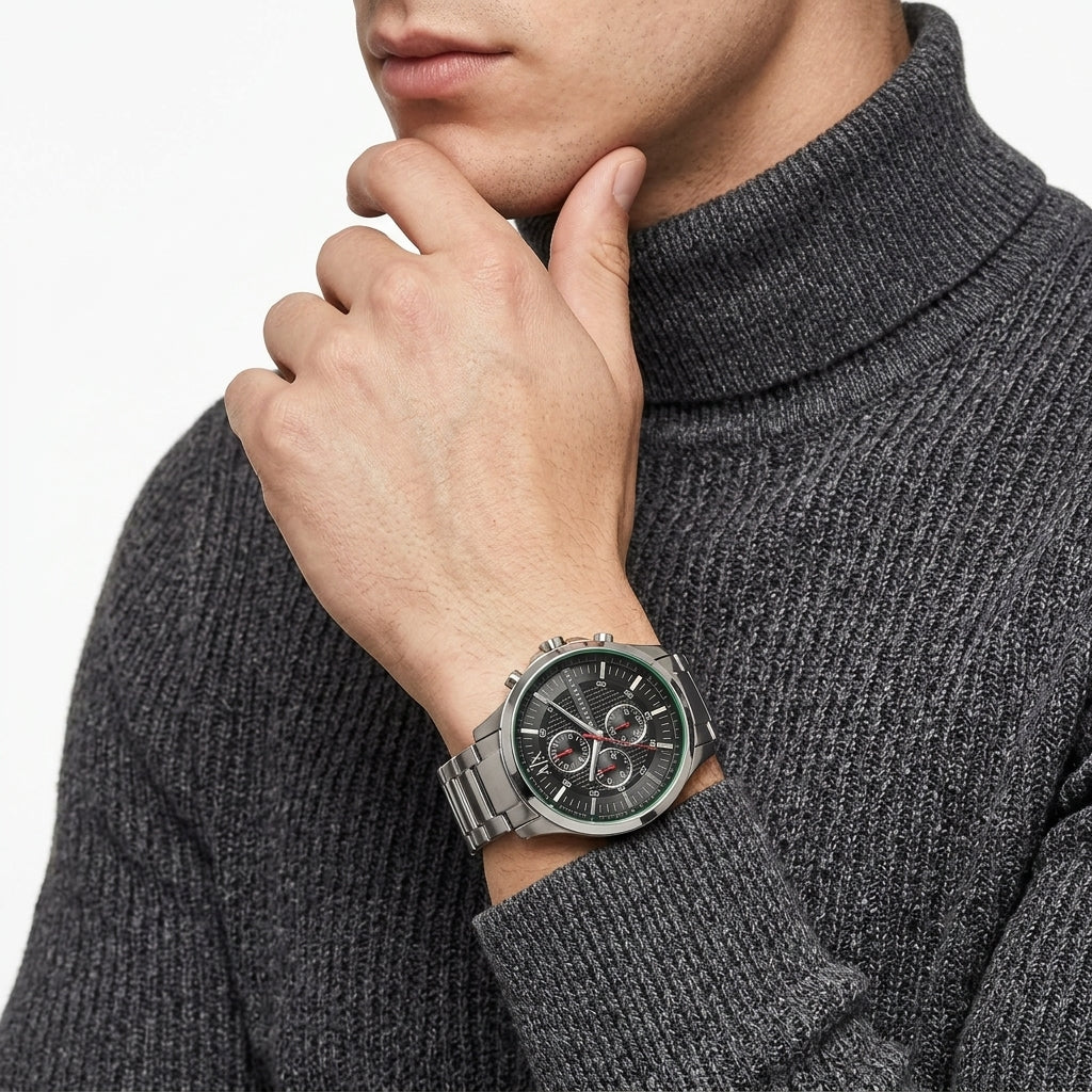 A close-up of a man wearing a silver-toned chronograph watch with a dark dial and metal link bracelet, paired with a dark gray ribbed turtleneck sweater.