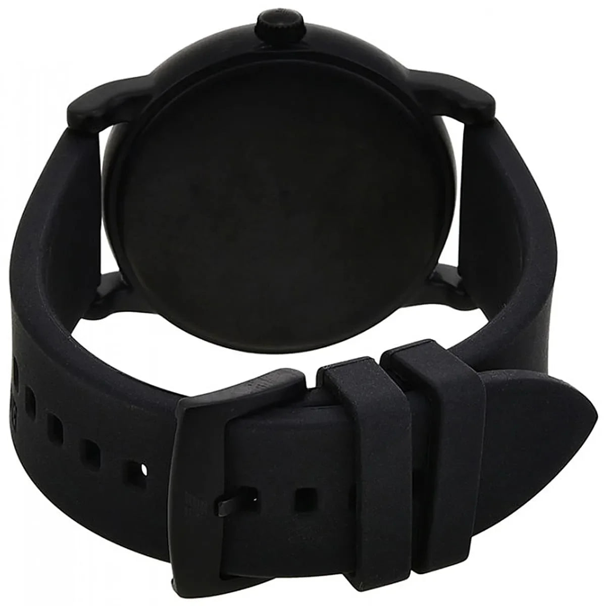 Back view of Emporio Armani Luigi Slim watch with black rubber strap and buckle
