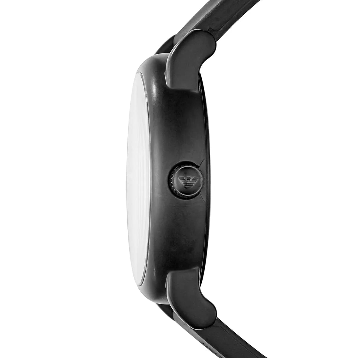 Side profile of Emporio Armani Luigi Slim watch showing case and black rubber strap