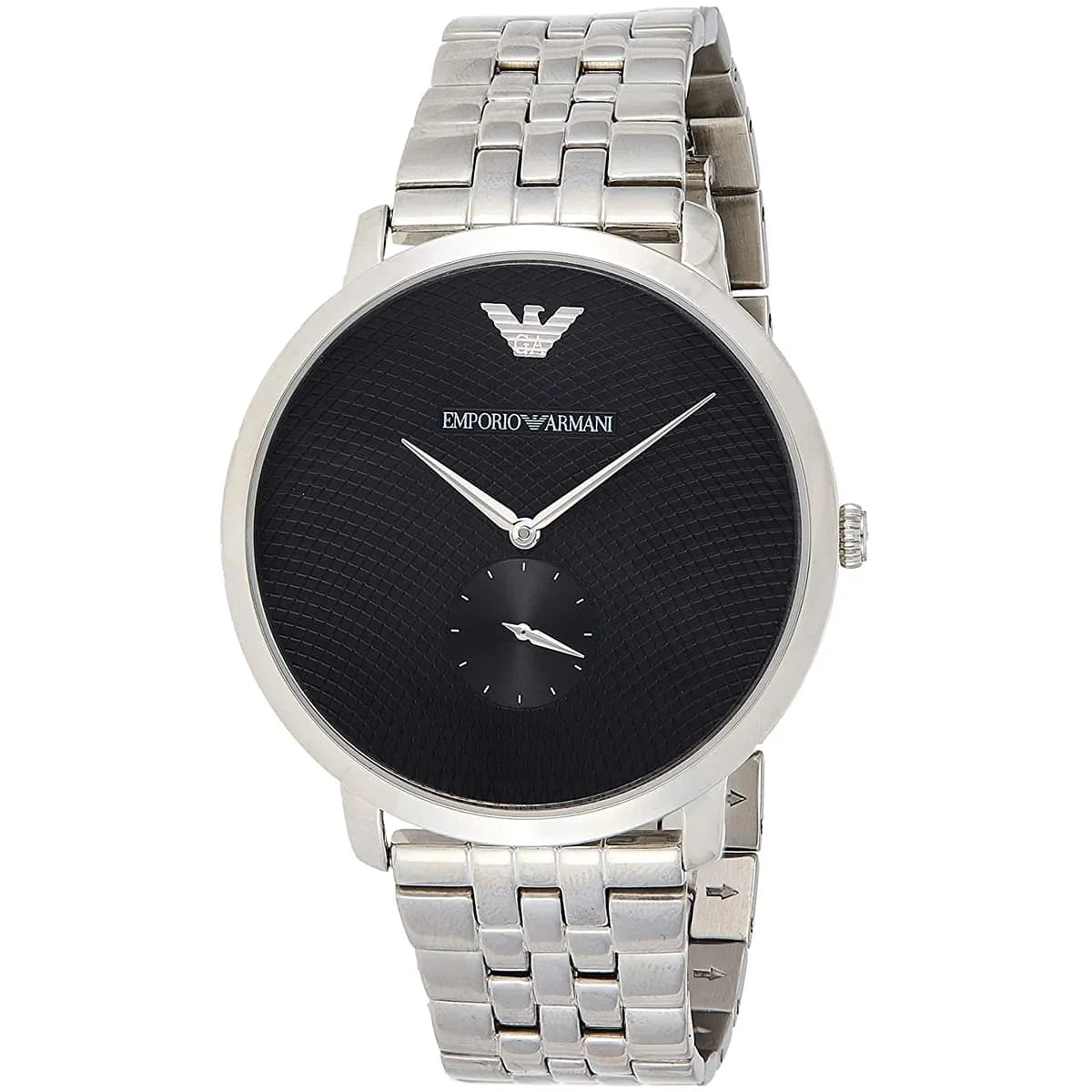 Emporio Armani AR11161 watch angle view showing black dial and silver metal bracelet detail