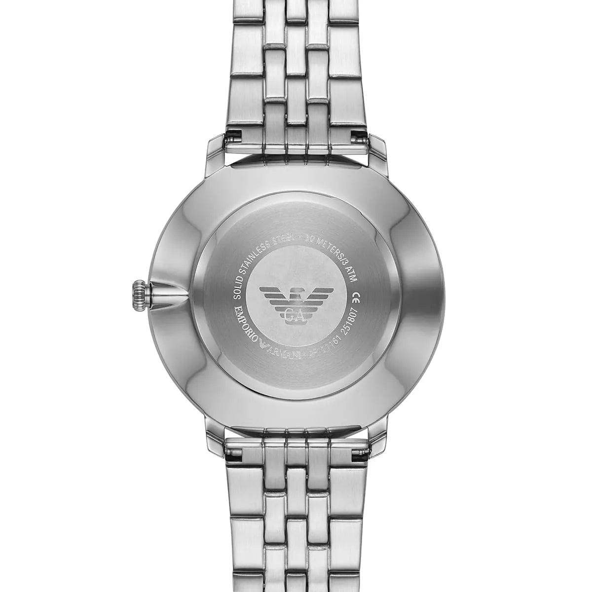 Emporio Armani AR11161 watch case back with engraved eagle logo and stainless steel bracelet