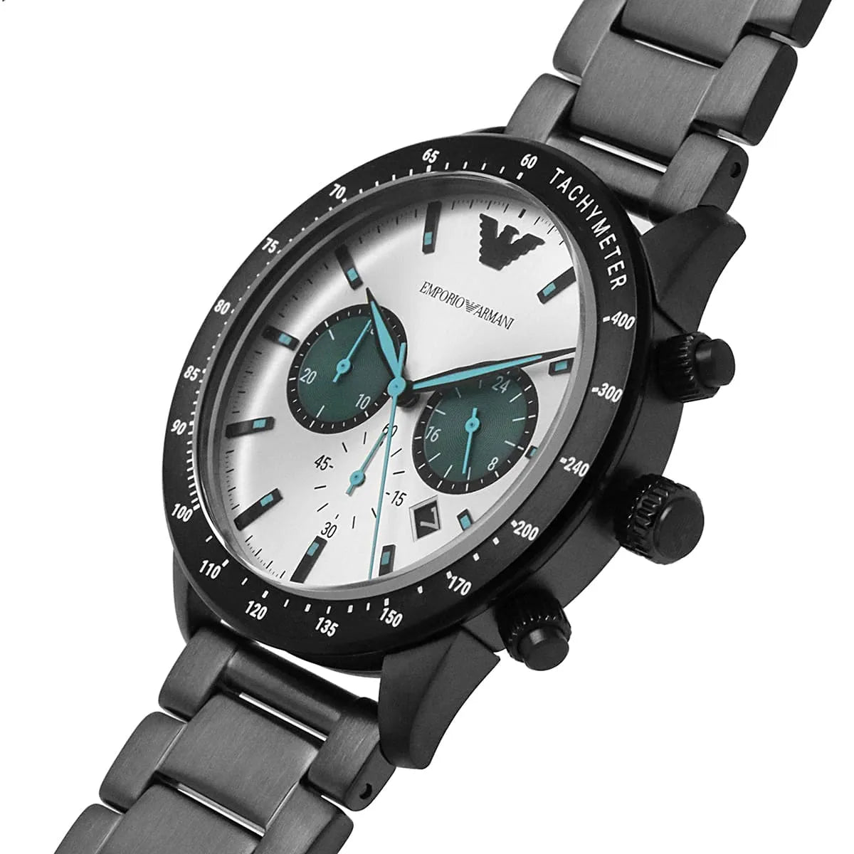 Angled view of Emporio Armani Mario chronograph with multicolor dial and tachymeter bezel
