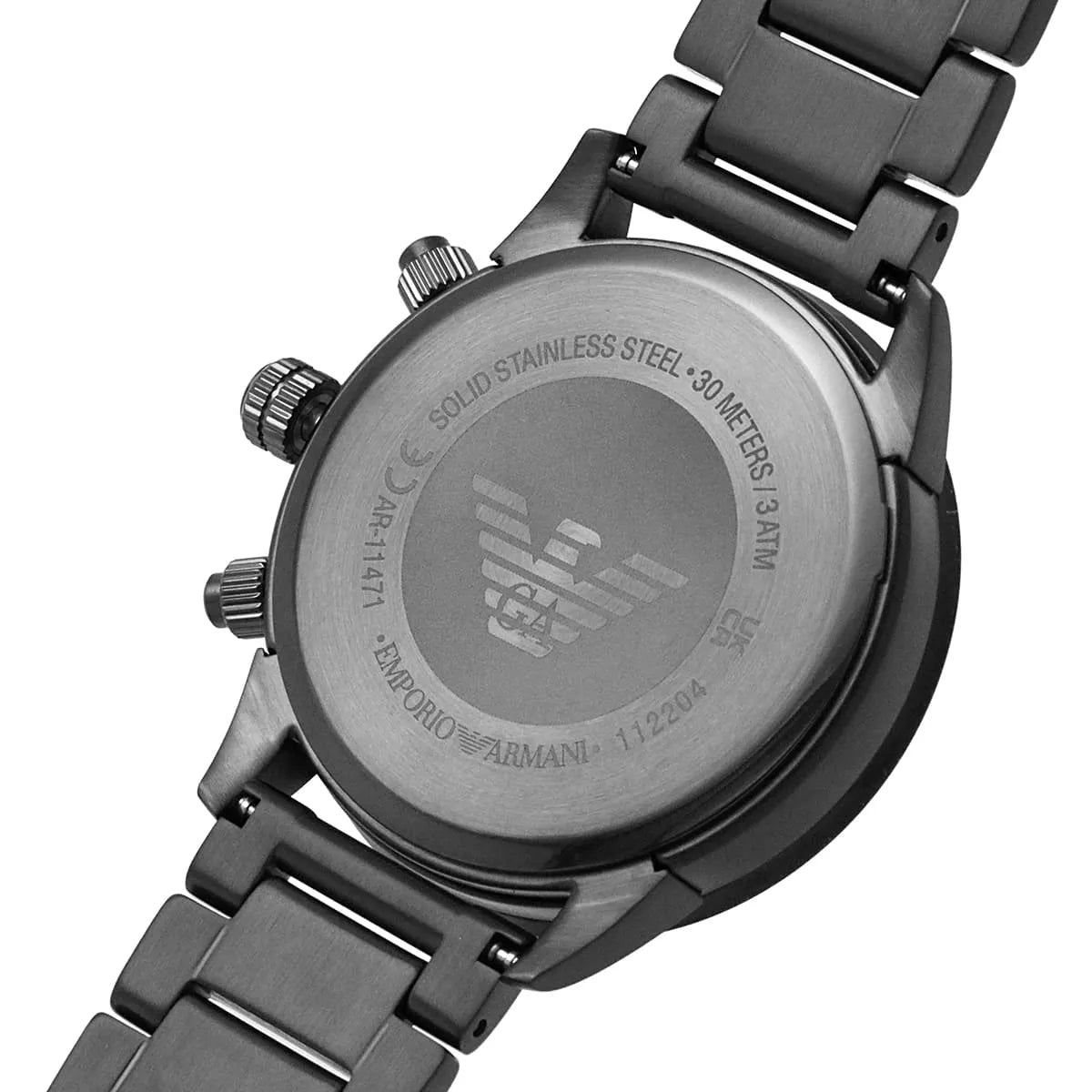 Gunmetal stainless steel caseback of Emporio Armani Mario chronograph watch with engraved logo