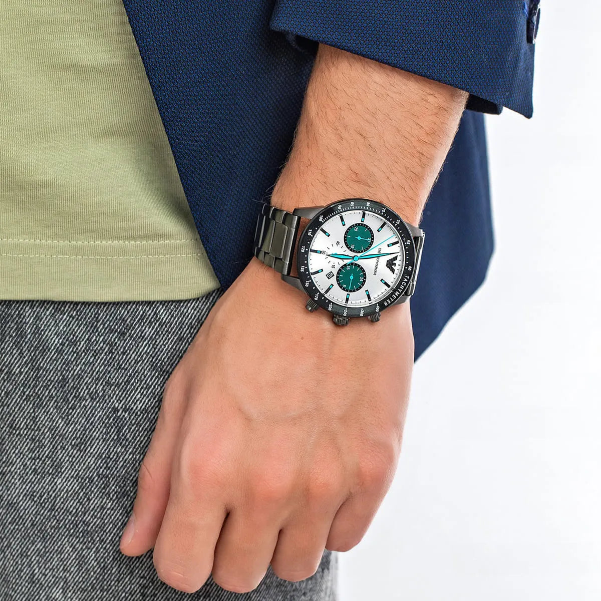 Emporio Armani Mario chronograph worn on wrist showing multicolor dial and metal bracelet
