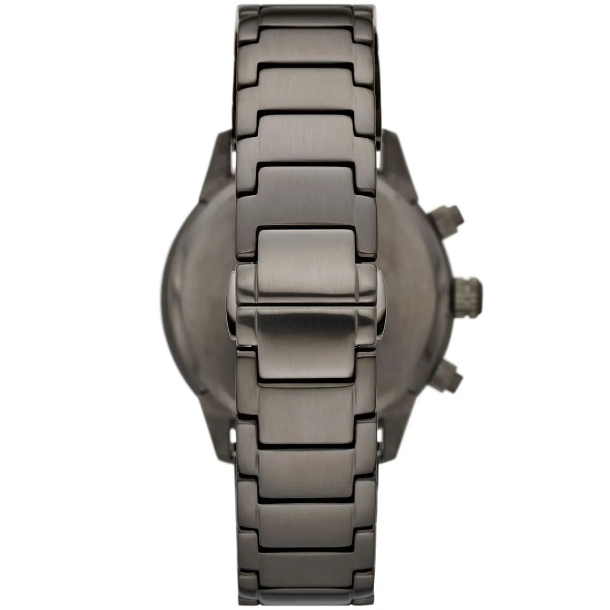 Gunmetal stainless steel link bracelet of Emporio Armani Mario chronograph watch from above