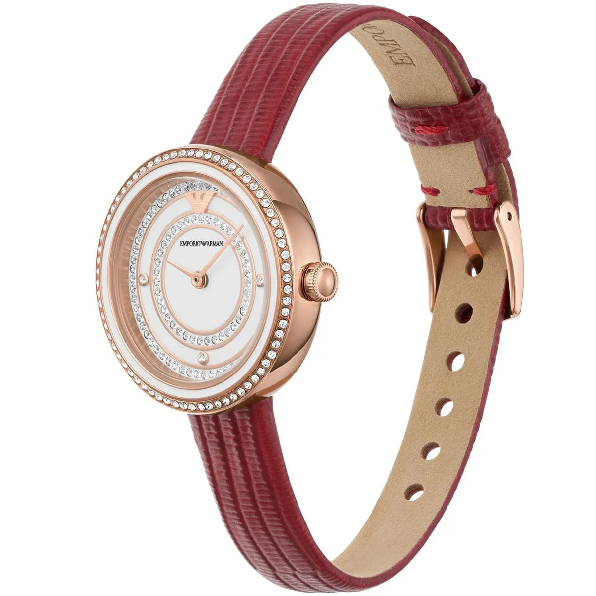 Emporio Armani Rosa watch three-quarter view showing red leather strap with tan lining and buckle closure