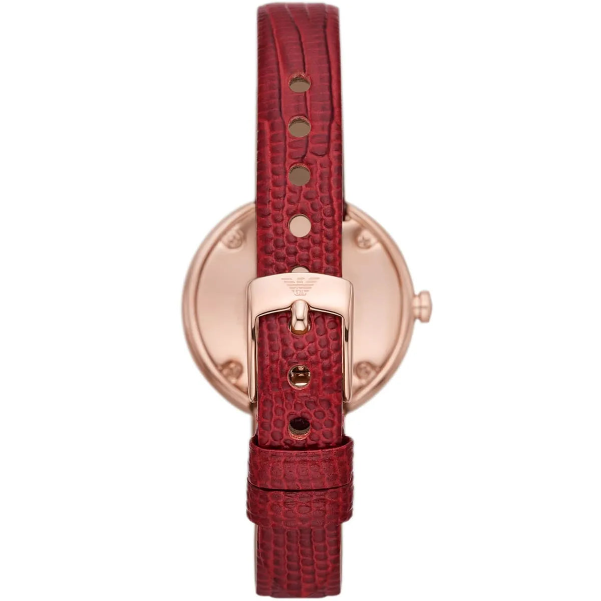 Emporio Armani Rosa watch caseback view showing rose gold back with anchor emblem and adjustment holes