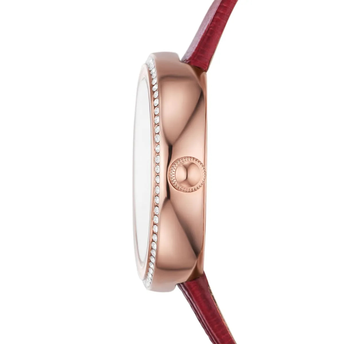 Emporio Armani Rosa watch side profile showing crystal-bezel rose gold case depth and red leather strap