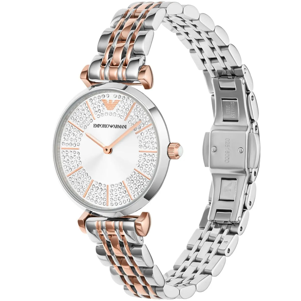 Emporio Armani Gianni T-Bar Silver Sunray Crystal Dial Two-tone Women's Watch - AR11537