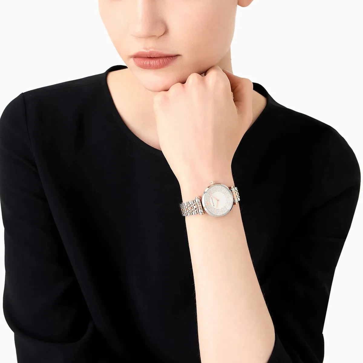 Emporio Armani Gianni T-Bar Silver Sunray Crystal Dial Two-tone Women's Watch - AR11537