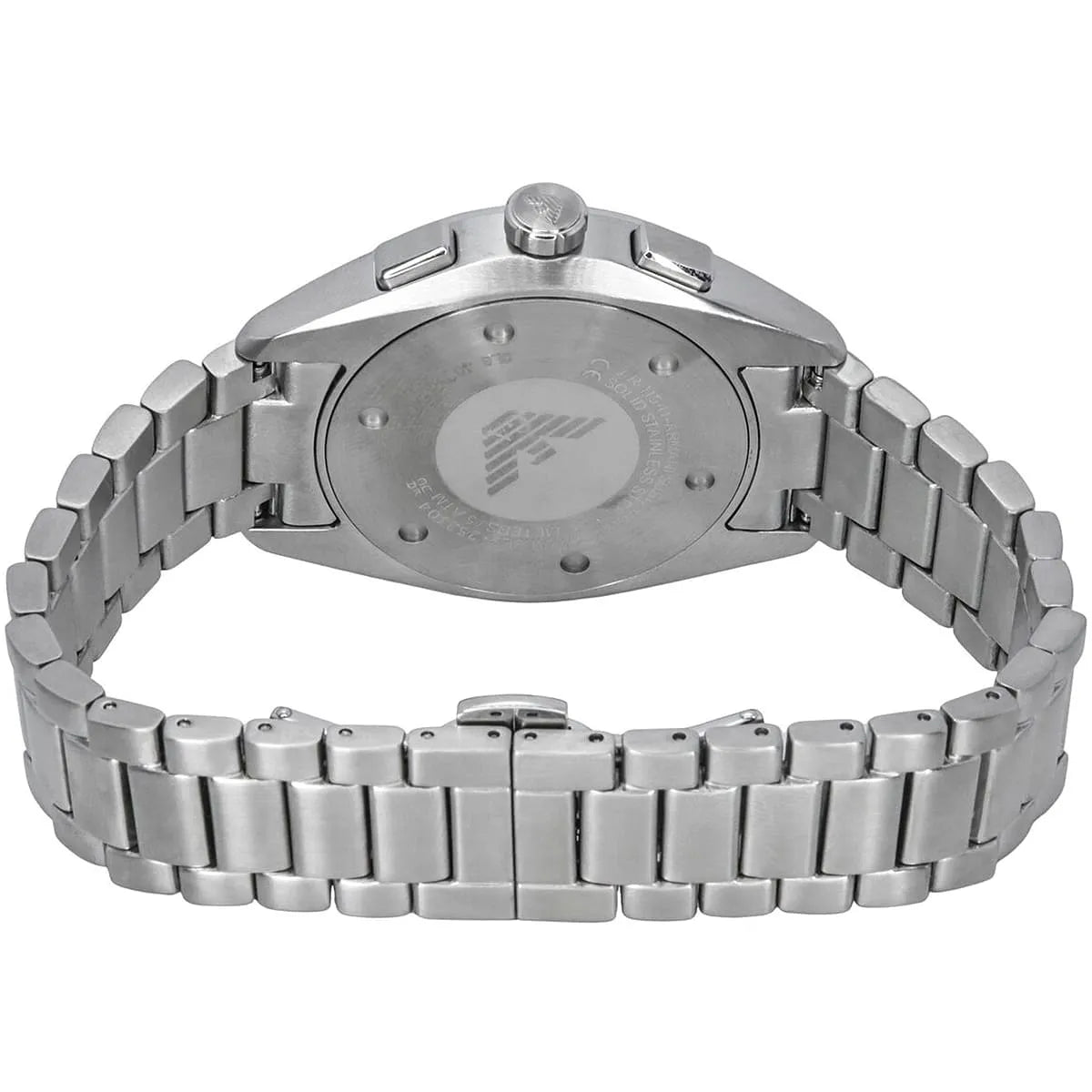 Emporio Armani Claudio watch caseback detail with engraved eagle and stainless steel bracelet