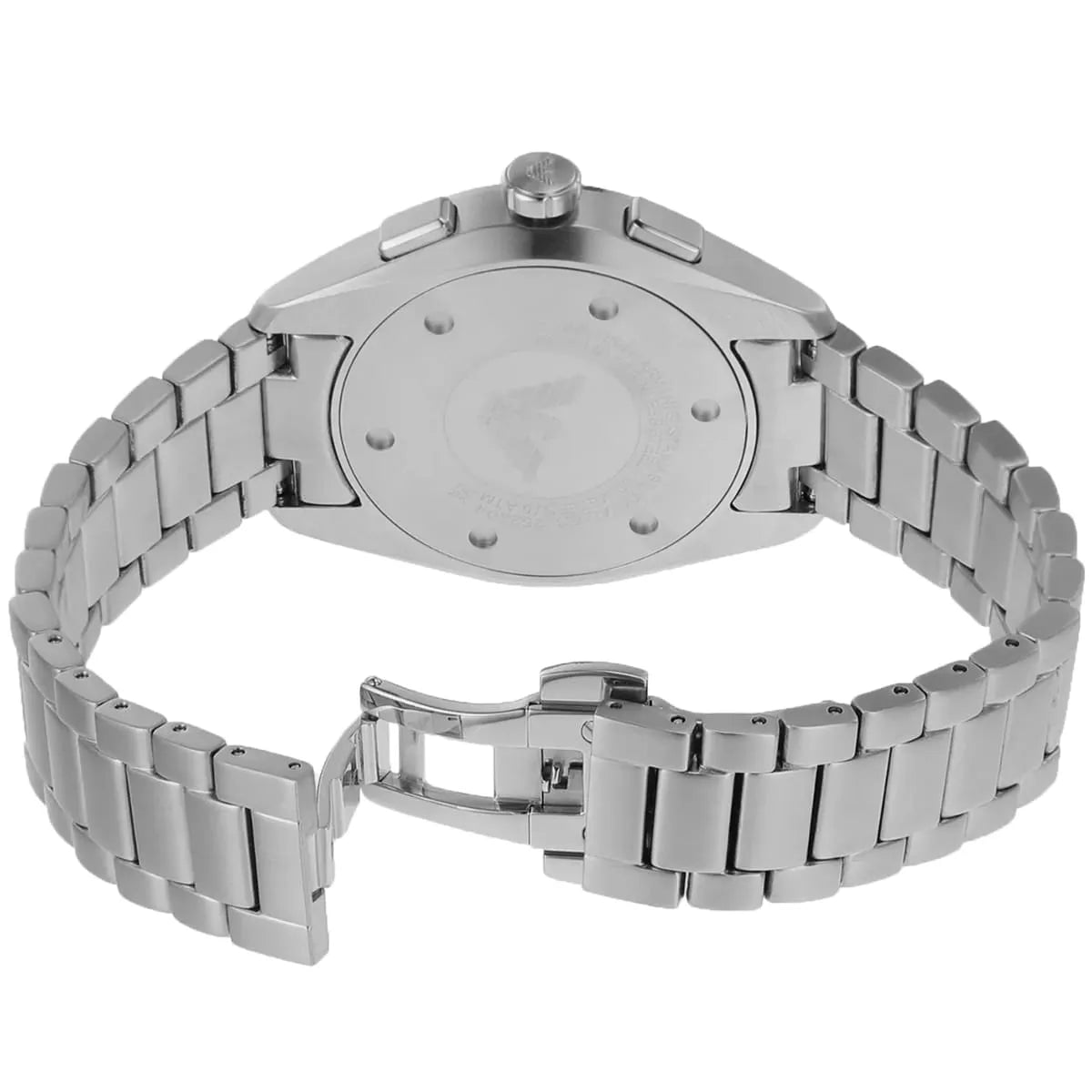 Emporio Armani Claudio watch caseback showing stainless steel with engraved eagle logo
