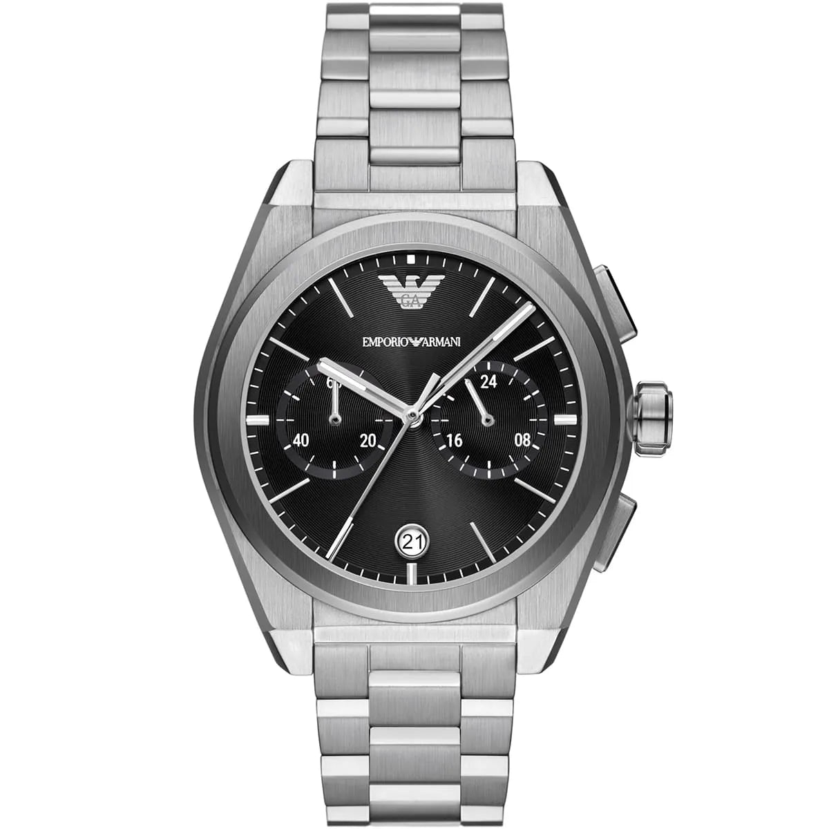 Emporio Armani Federico chronograph watch with black dial and silver stainless steel bracelet