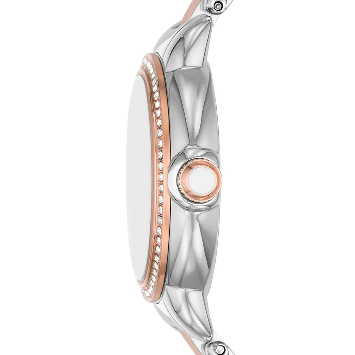 Emporio Armani Mia watch angle view with crystal-set bezel and rose gold crown