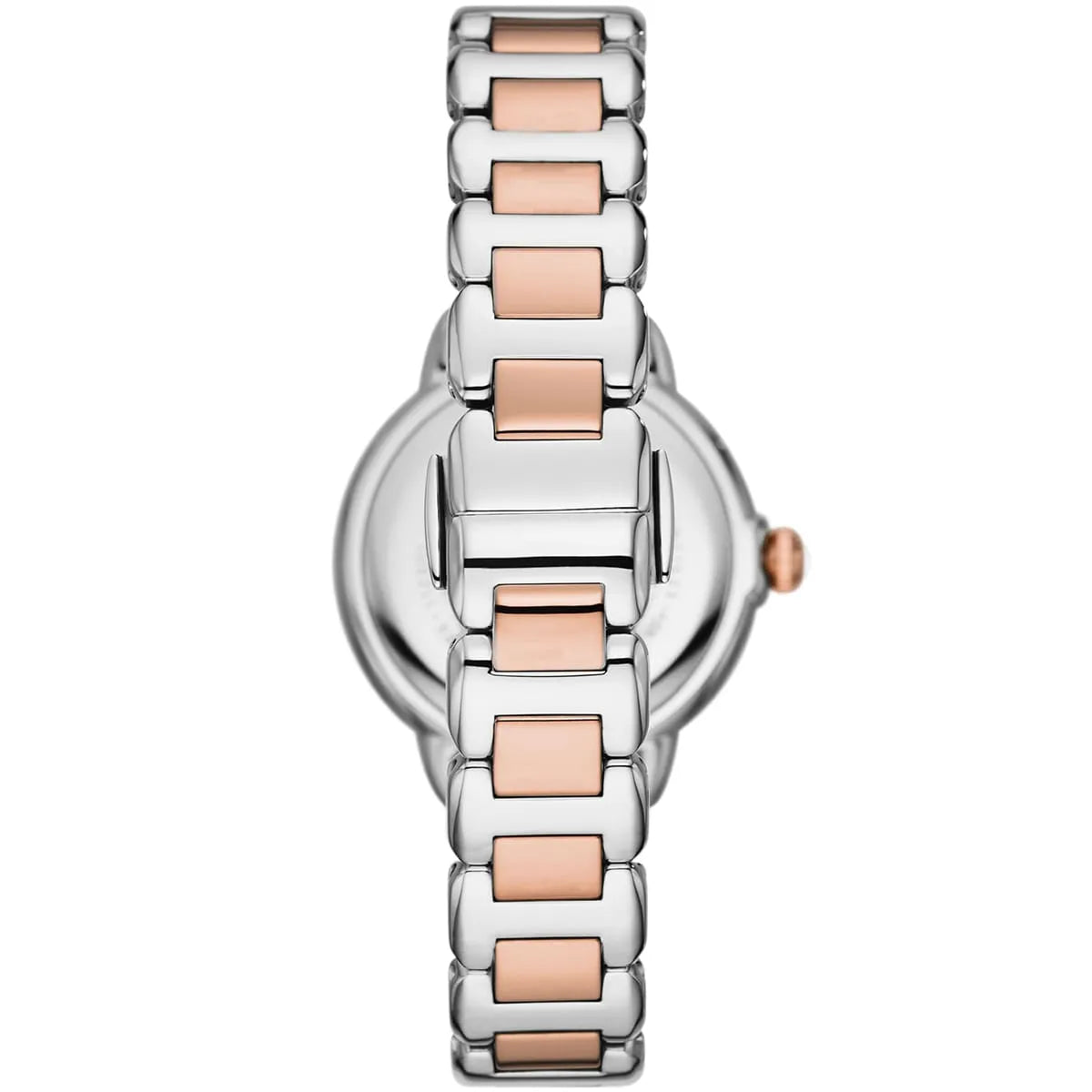 Emporio Armani Mia watch side view showing two-tone silver and rose gold bracelet