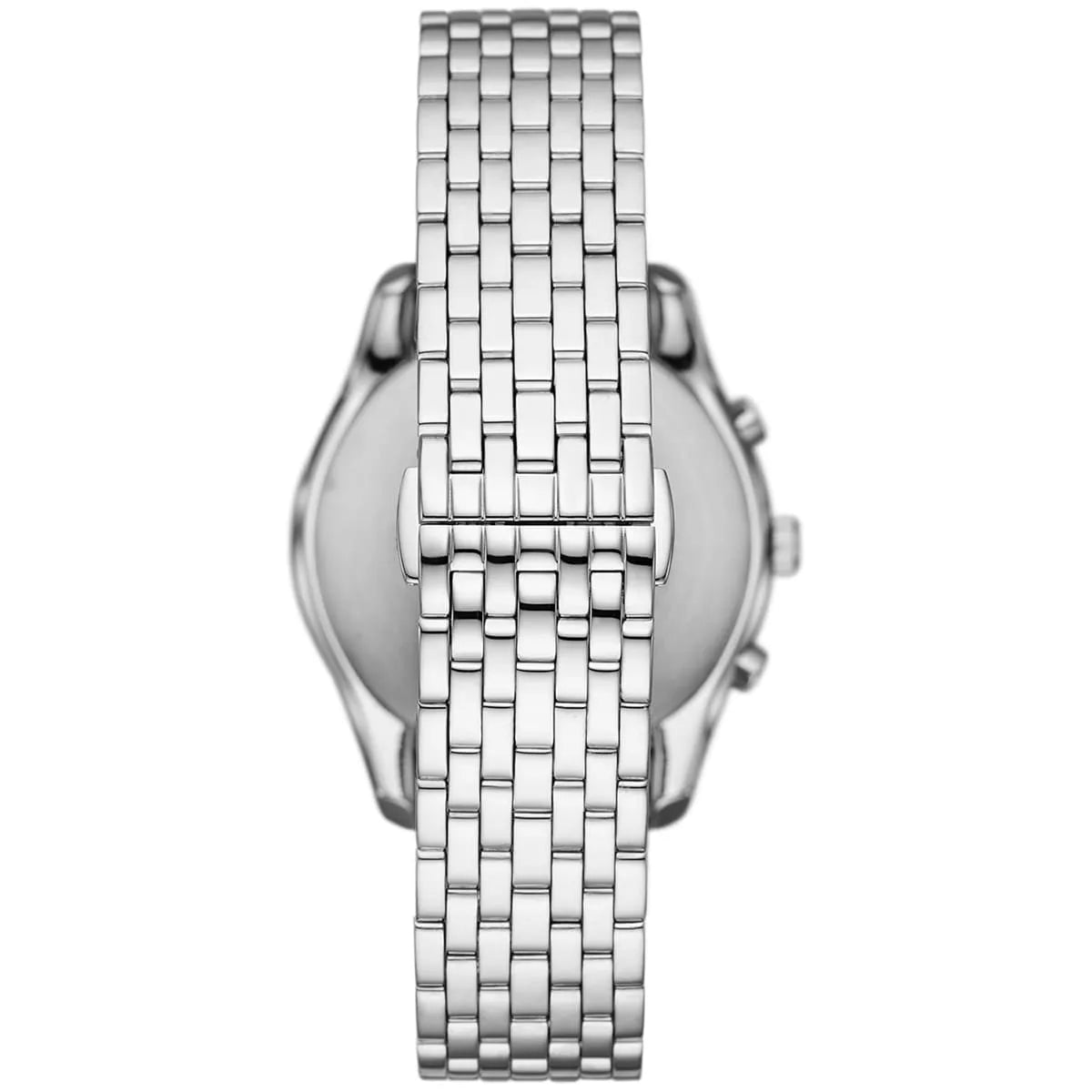 Back view of Emporio Armani Antonio chronograph showing stainless steel case back