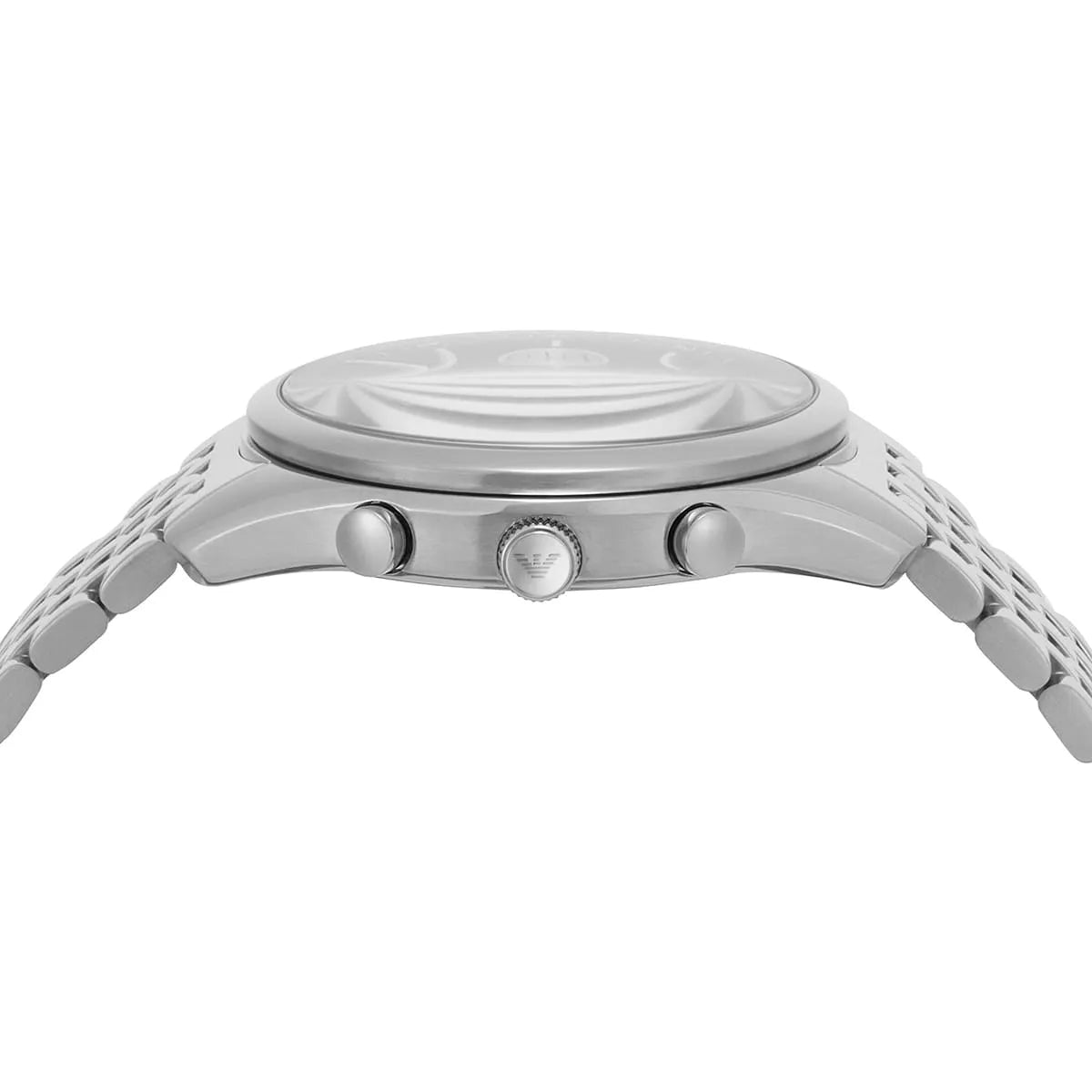 Close-up of Emporio Armani Antonio watch case showing chronograph pushers and bezel detail