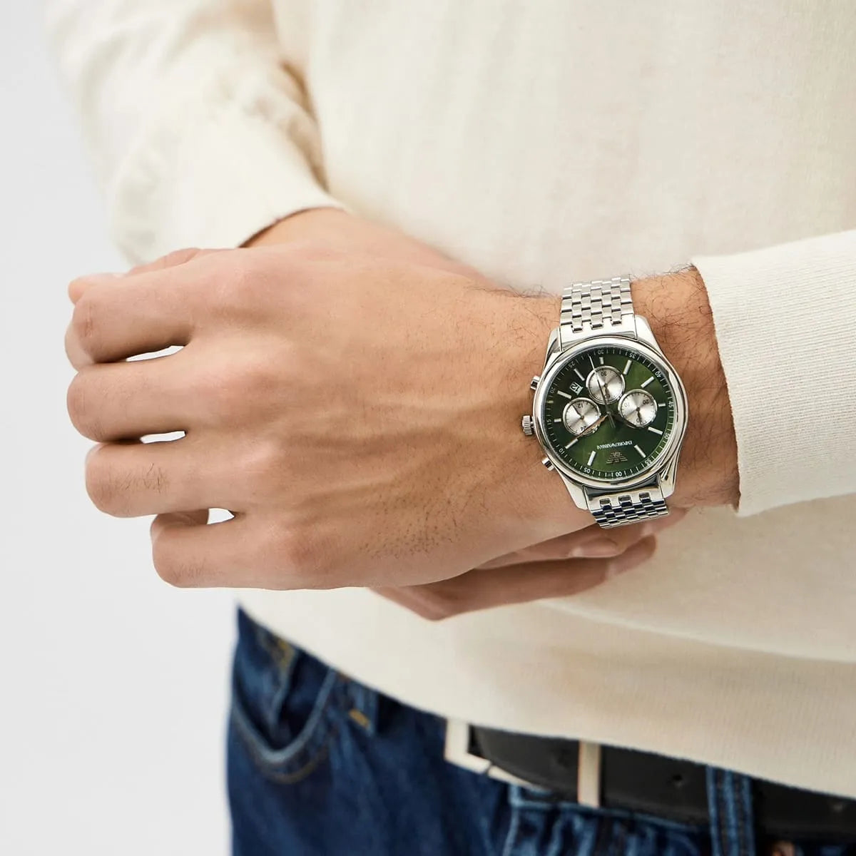 Emporio Armani Antonio chronograph watch worn on wrist with green dial visible