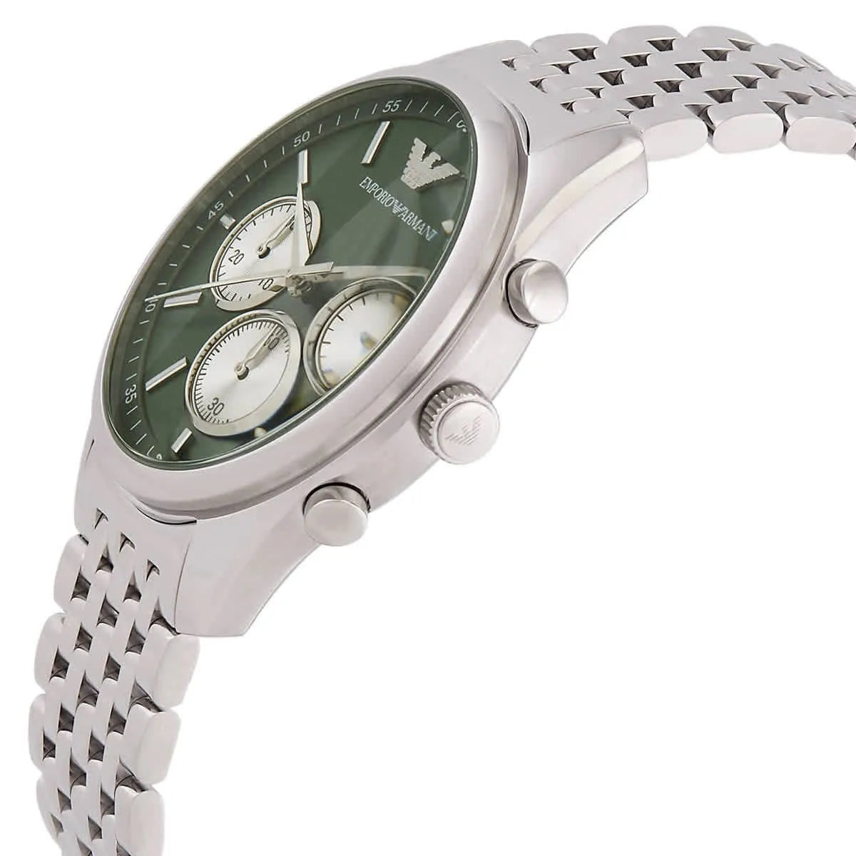 Side view of Emporio Armani Antonio chronograph with green dial and silver metal bracelet