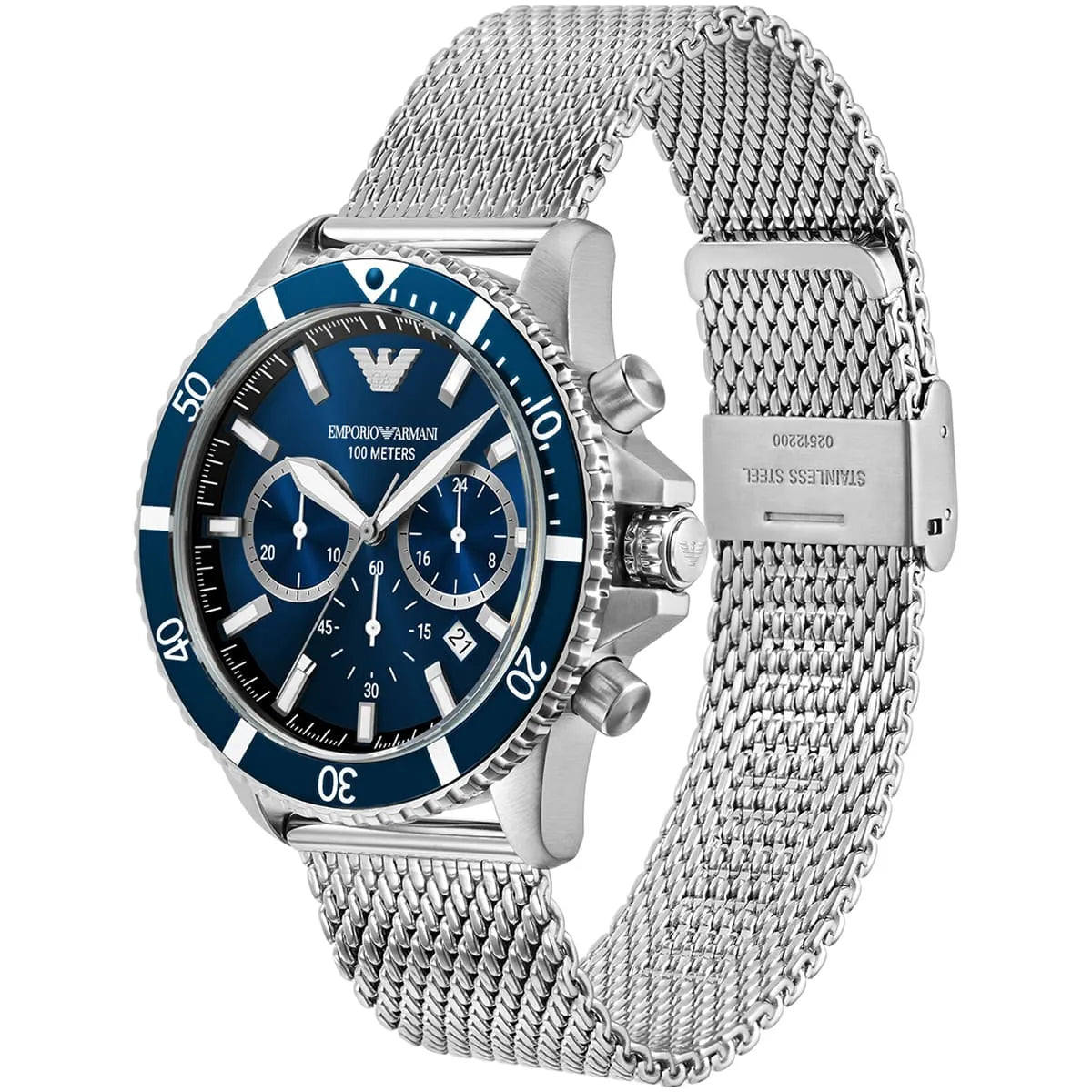 Emporio Armani AR11587 three-quarter view showing blue bezel, chronograph subdials, and mesh strap
