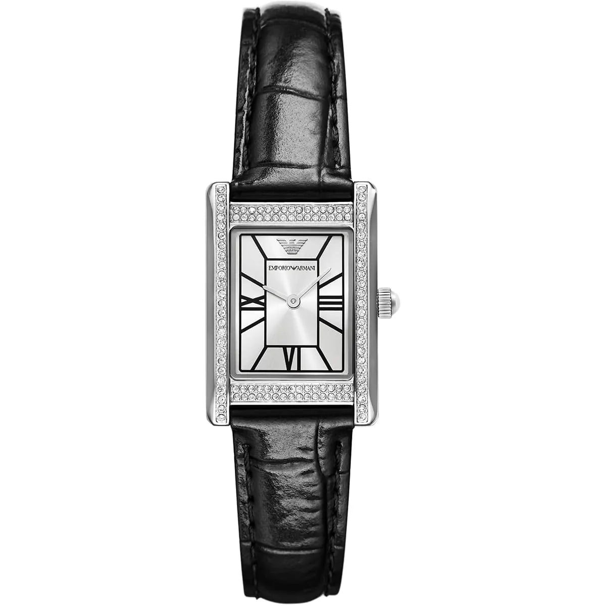 Emporio Armani Genni women's watch with rectangular silver case, crystal bezel, white dial with Roman numerals, and black leather strap