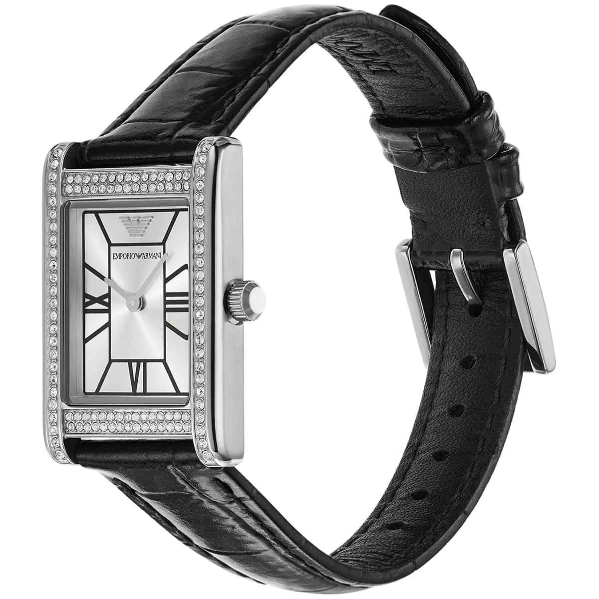 Emporio Armani Genni women's watch on wrist showing rectangular case, crystal bezel, black patterned leather strap, and silver case side view