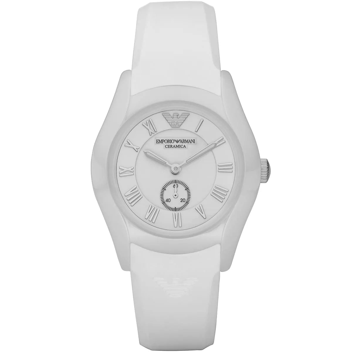 Emporio Armani Valente Ceramica white ceramic watch with white silicone strap and Roman numeral dial
