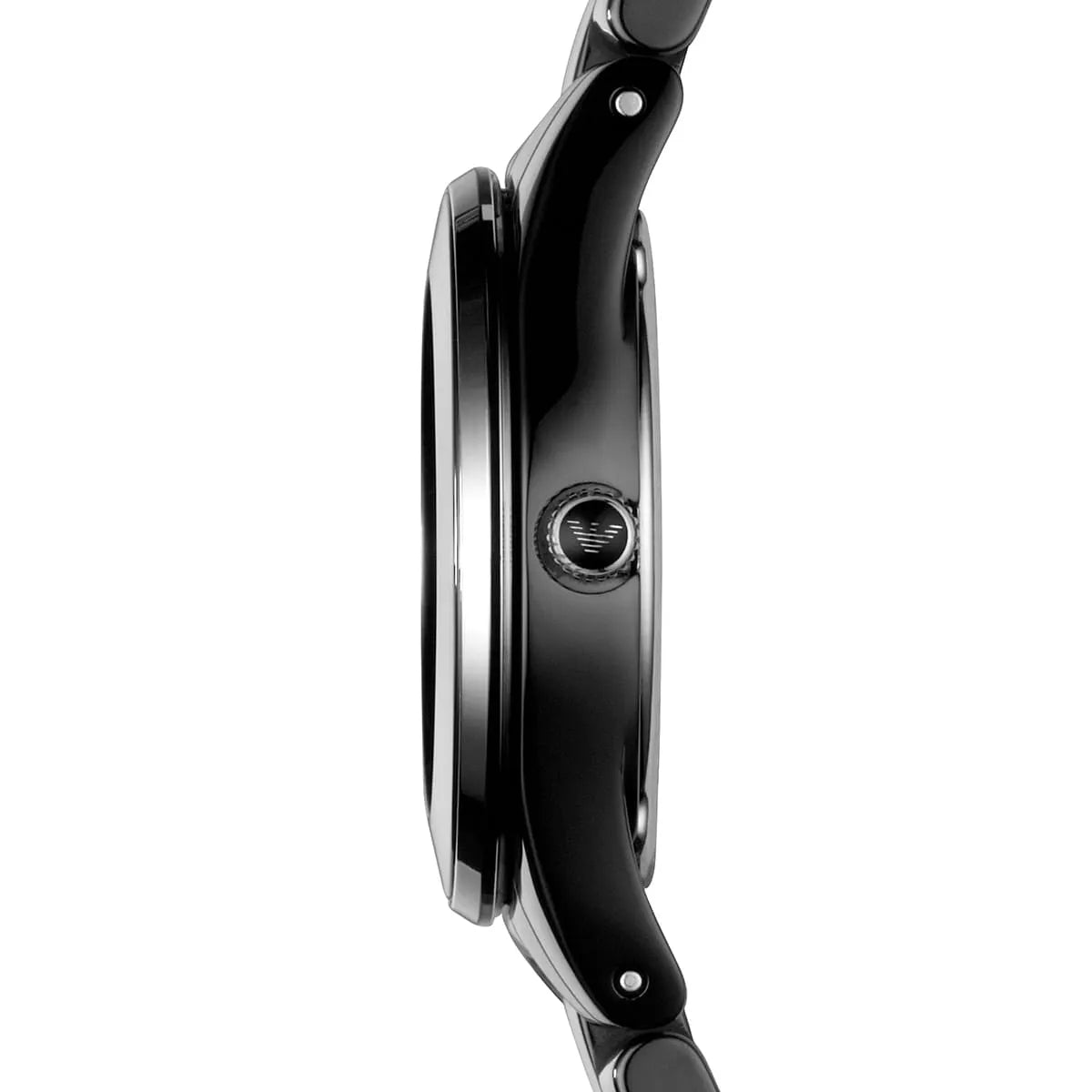 Side view of Emporio Armani Leo Small watch showing black ceramic case and strap