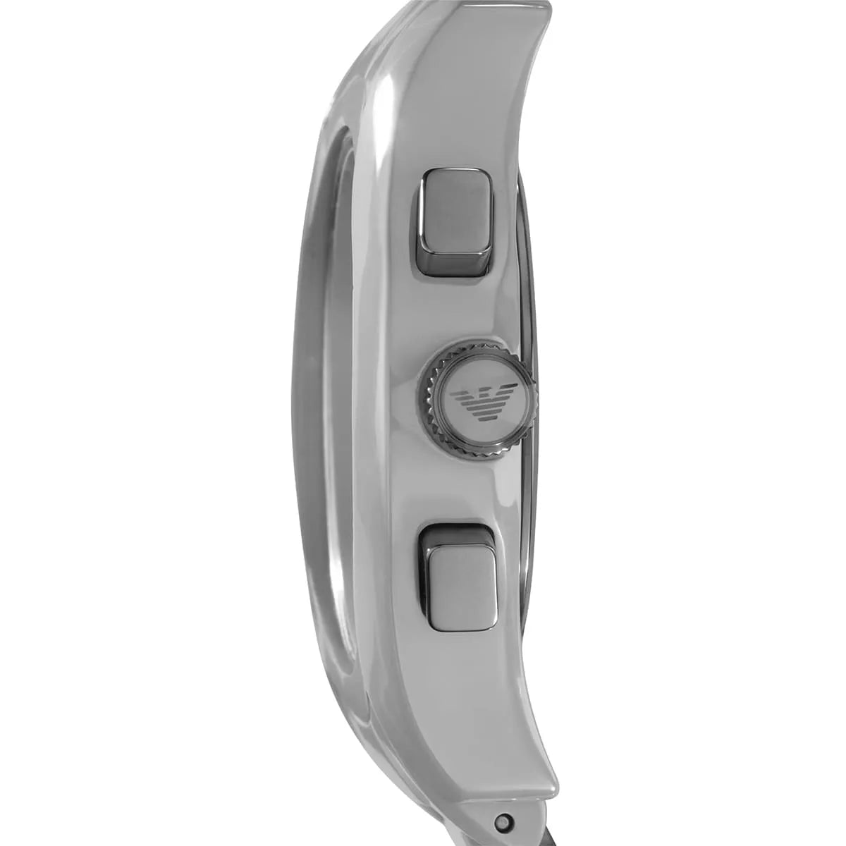 Side profile of grey ceramic Emporio Armani Valente watch showing case thickness and chronograph pushers
