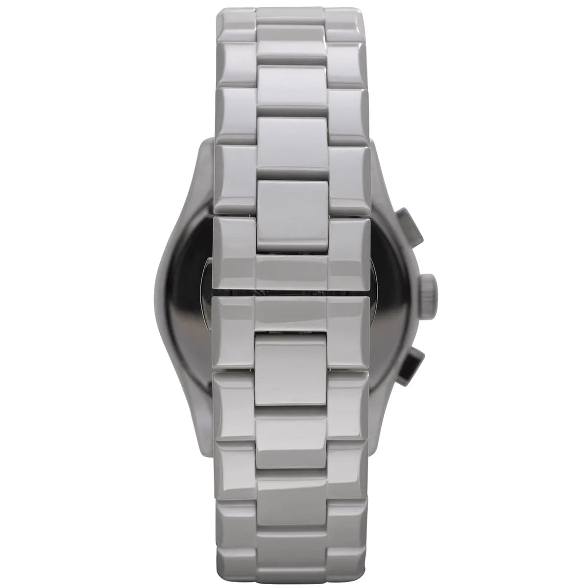 Emporio Armani Valente ceramic bracelet and caseback detail with grey ceramic links