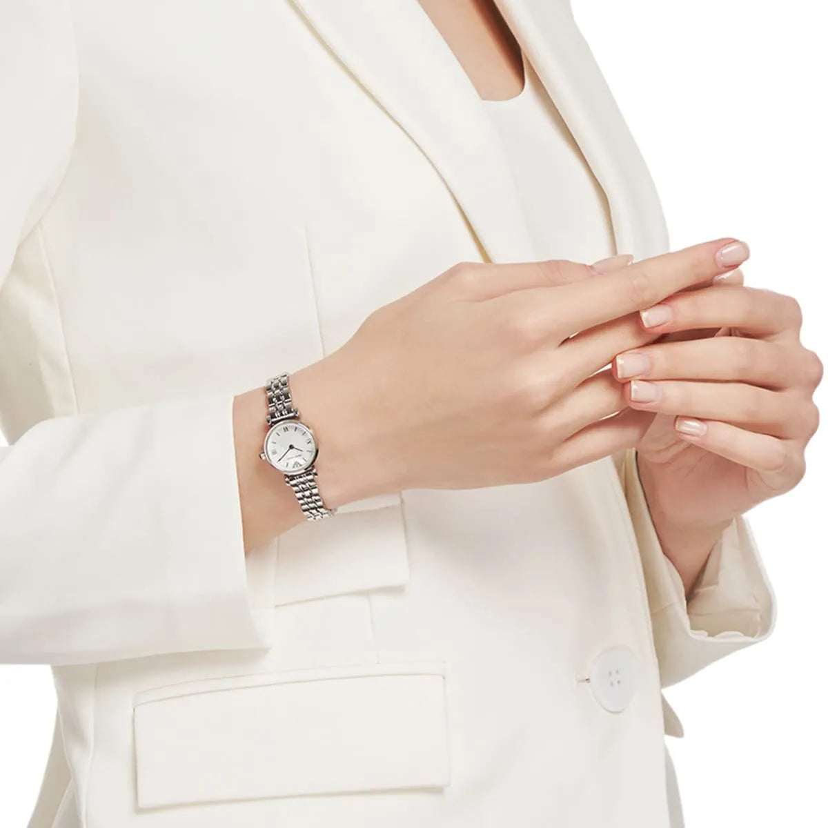 Emporio Armani Gianni T-Bar Mini watch worn on wrist showing white dial and silver metal bracelet