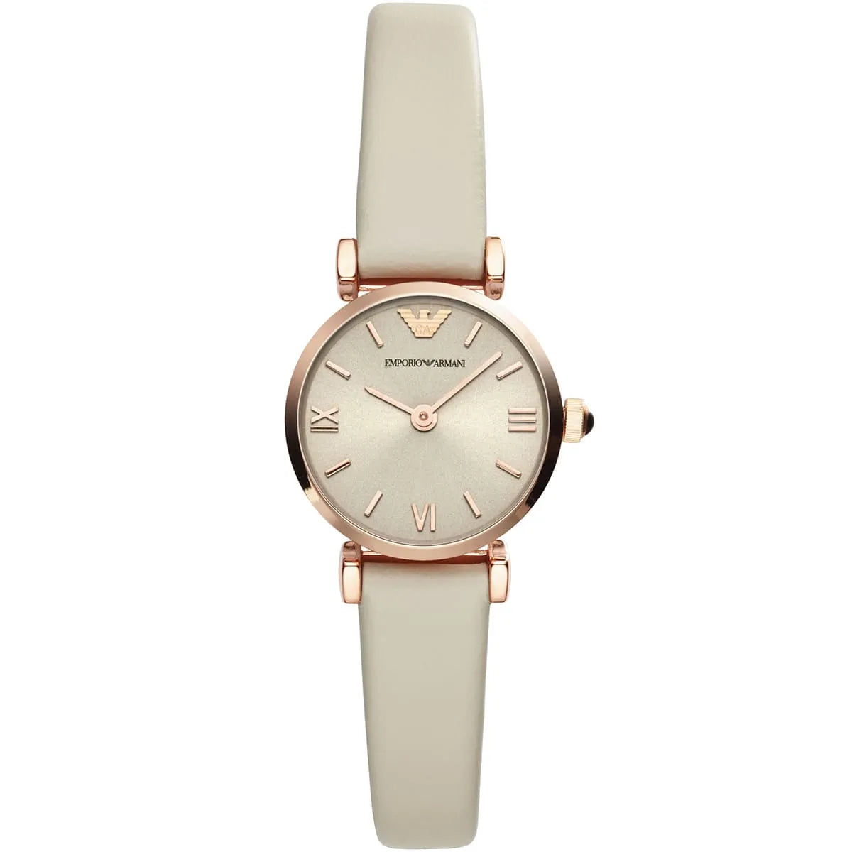 Emporio Armani Gianni T-Bar Mini women's watch with beige sunray dial, rose gold case, and beige leather strap